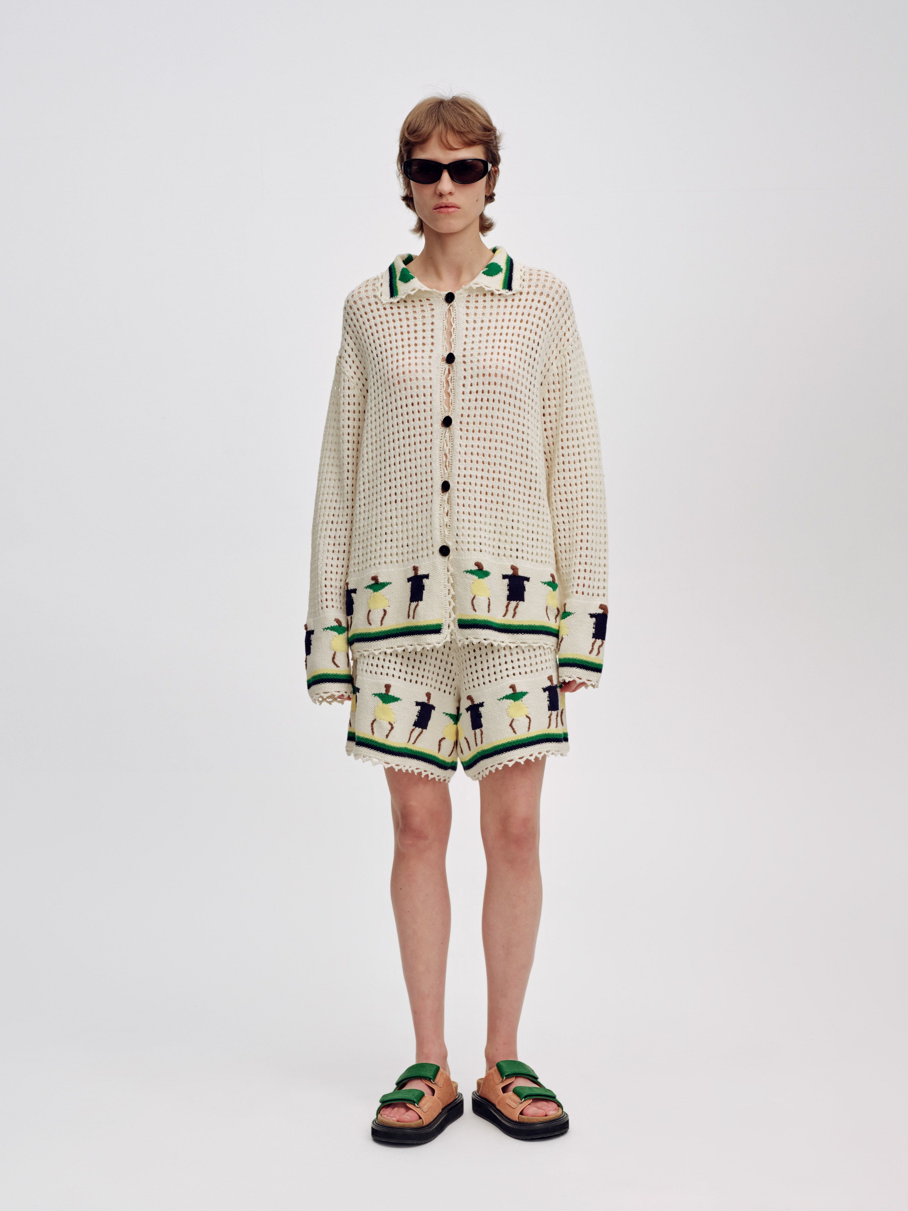 Jacquard Flap Cardigan with Stick Figures - 2