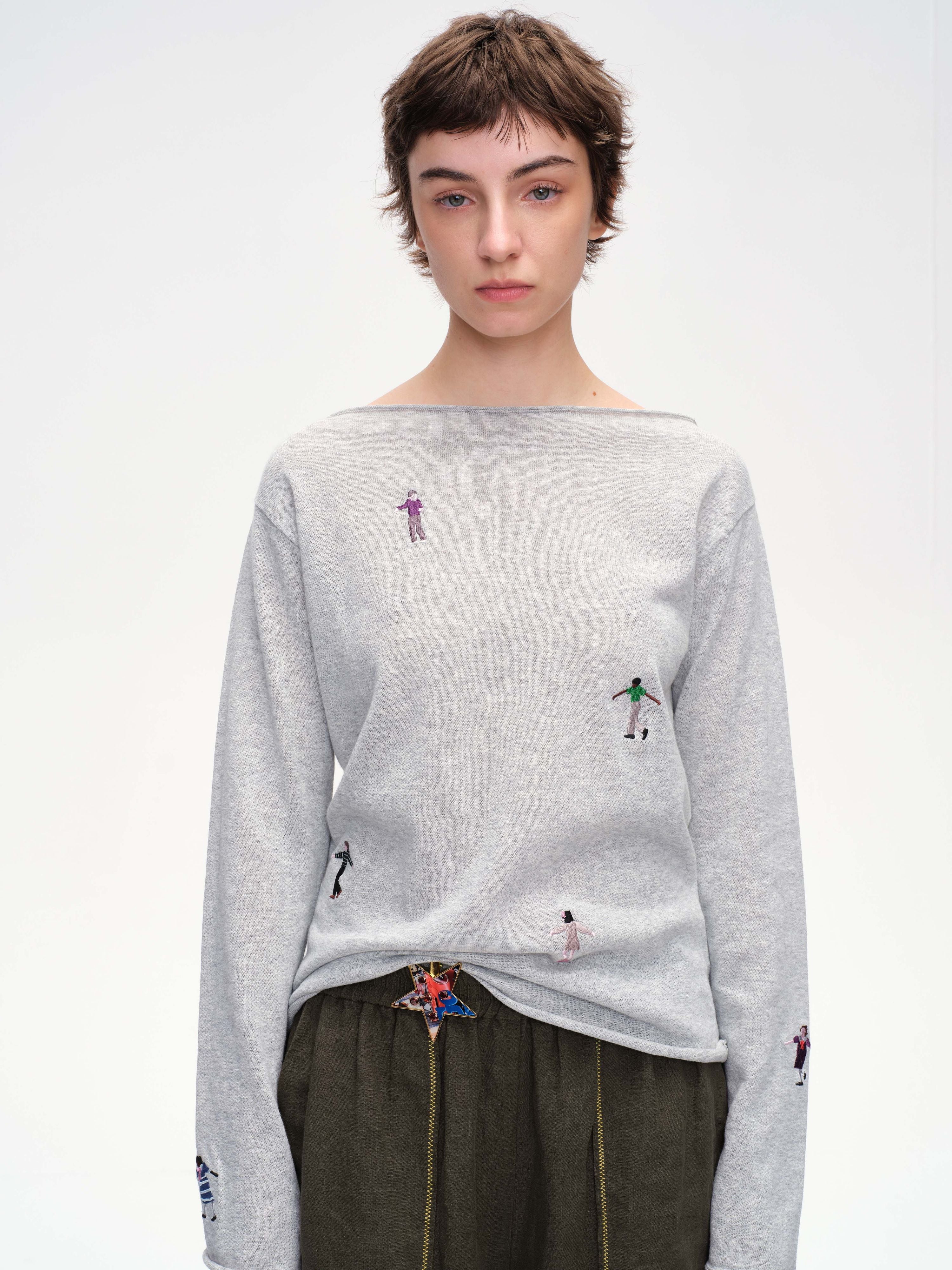 Figure Motif Embroidered Knit Top - 1